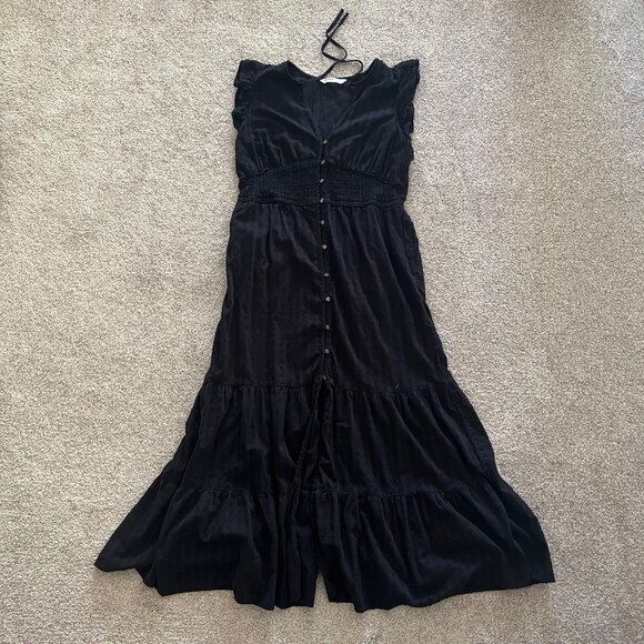 SOLDBlack Milkmaid Ruffle Dress Full Length Buttons Embroidered Polka Dots - Picture 10 of 10